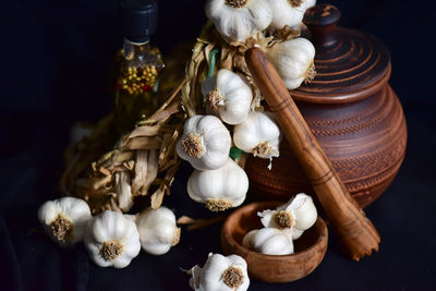 Close-up of a wreath of garlic