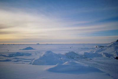 Scenic view of snow covered land against sky during sunset