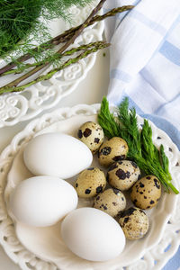 High angle view of eggs in plate on table