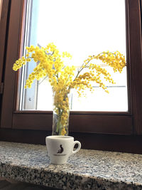 Flower vase on table by window at home