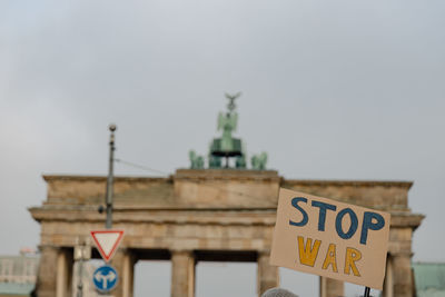 Stop war banner at the demonstration outside the brandenburg gate in berlin