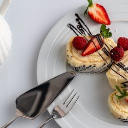 High angle view of dessert in plate on table