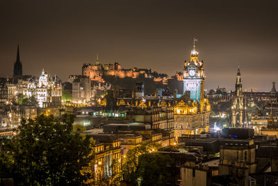 Illuminated buildings in city at night