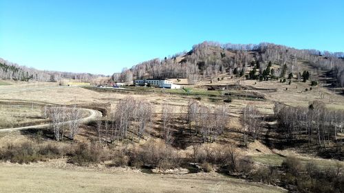 Panoramic view of landscape against clear blue sky