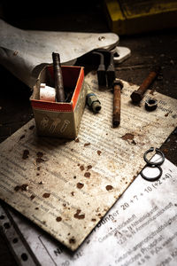 High angle view of work tools on table