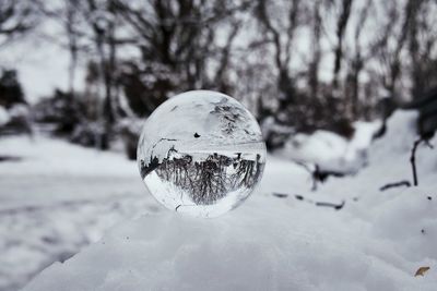 Close-up of crystal ball on snow covered field