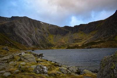 Scenic view of lake by mountains against sky