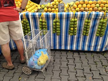 Low section of man by shopping cart at market stall