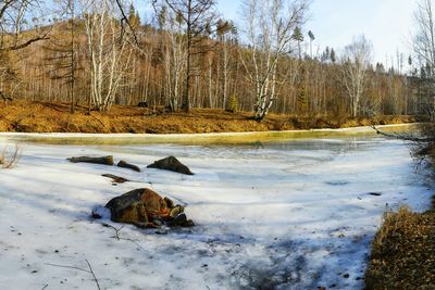 Scenic view of frozen lake against sky during winter