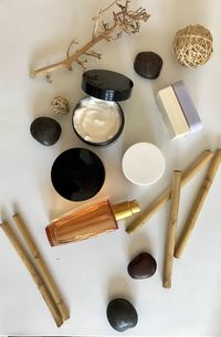 High angle view of drinks on table