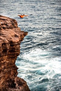 Man on rock by sea