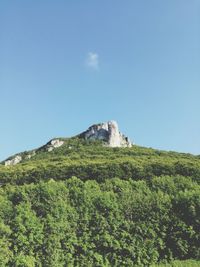 Low angle view of castle on mountain against clear sky