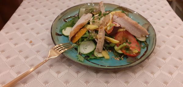 High angle view of meal served in plate