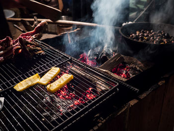 Close-up of meat on barbecue grill