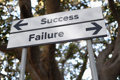 Low angle view of road sign against trees