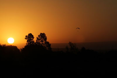 Silhouette trees against orange sky