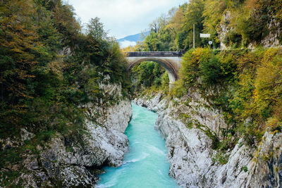 Famous napoleon bridge above soca river in kobarid, slovenia