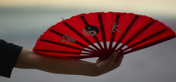 Close-up of person holding red umbrella