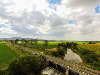 Scenic view of field against cloudy sky