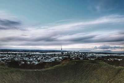 Aerial view of city against sky