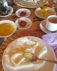 High angle view of breakfast on table