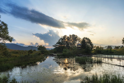 Scenic view of lake against sky during sunset