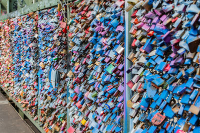 Close-up of padlocks hanging on fence