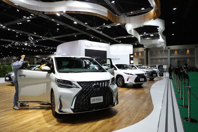 Cars on table in illuminated room