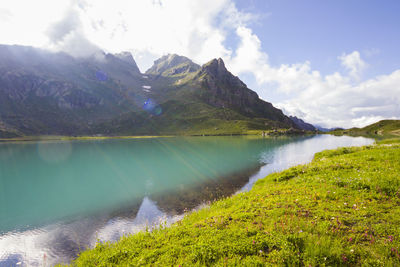 Alpine mountain lake landscape and view, blue beautiful and amazing  svaneti, georgia.