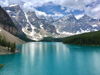 Scenic view of lake and mountains against sky