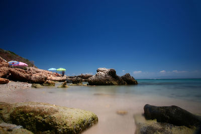 Scenic view of sea against clear blue sky