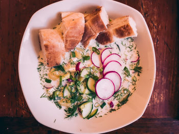 High angle view of meal served on table