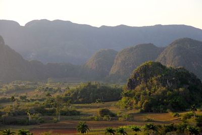 Scenic view of field and mountains against clear sky