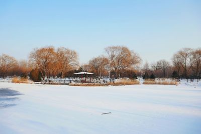 Snow covered field against sky