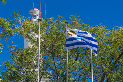 Low angle view of flags against blue sky