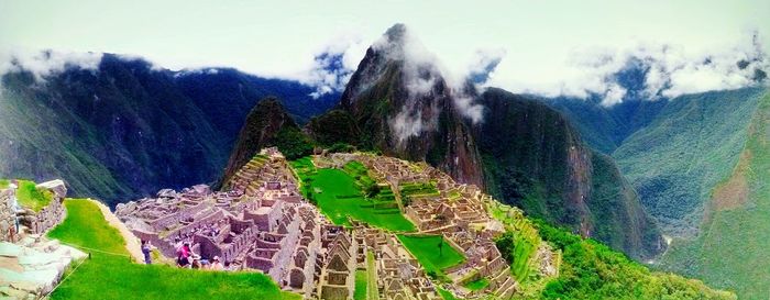 High angle view of trees by sea against sky