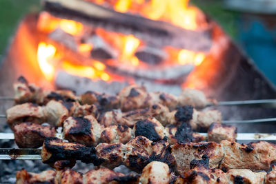 Close-up of meat on barbecue grill
