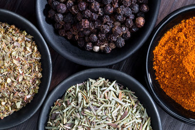 Directly above shot of spices in bowl against black background