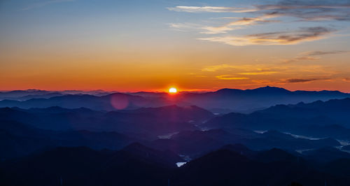 Scenic view of silhouette mountains against sky during sunset