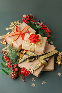 High angle view of christmas decorations on table