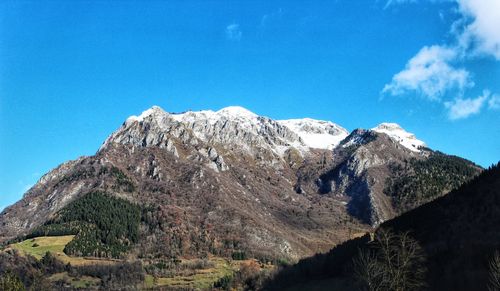 Low angle view of snowcapped mountain against blue sky