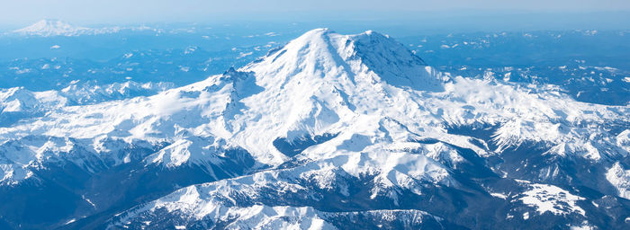 Aerial view of snowcapped mountains against sky