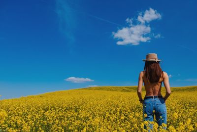 Rear view of woman standing on field against blue sky during sunny day