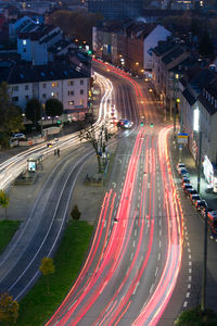 High angle view of light trails on city street