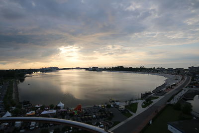 High angle view of river against sky at sunset