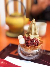 Close-up of dessert served on table