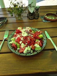 High angle view of chopped fruits on table