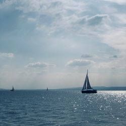 Sailboat sailing on sea against sky