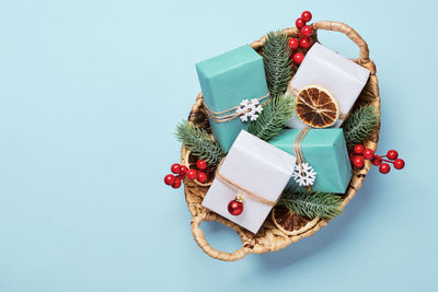 High angle view of christmas decorations on table