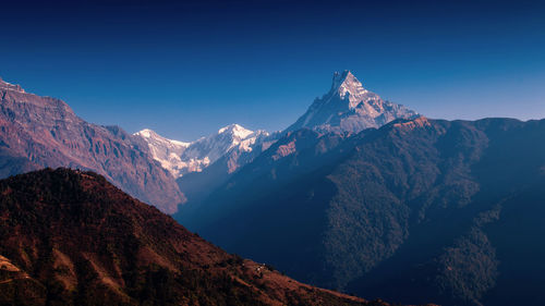 Scenic view of mountains against clear blue sky